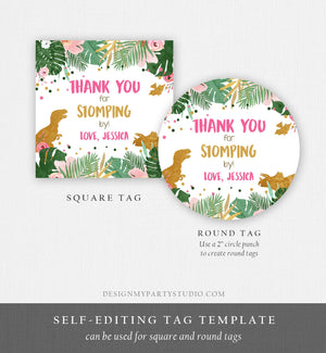 Editable Dinosaur Favor Tags Gift Tag Girl Pink Gold Thank You for Stomping By Tag Birthday Round Square T-Rex Corjl Template Printable 0146