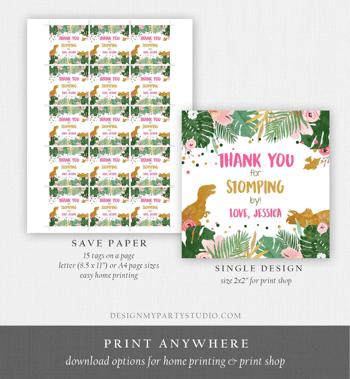 Editable Dinosaur Favor Tags Gift Tag Girl Pink Gold Thank You for Stomping By Tag Birthday Round Square T-Rex Corjl Template Printable 0146
