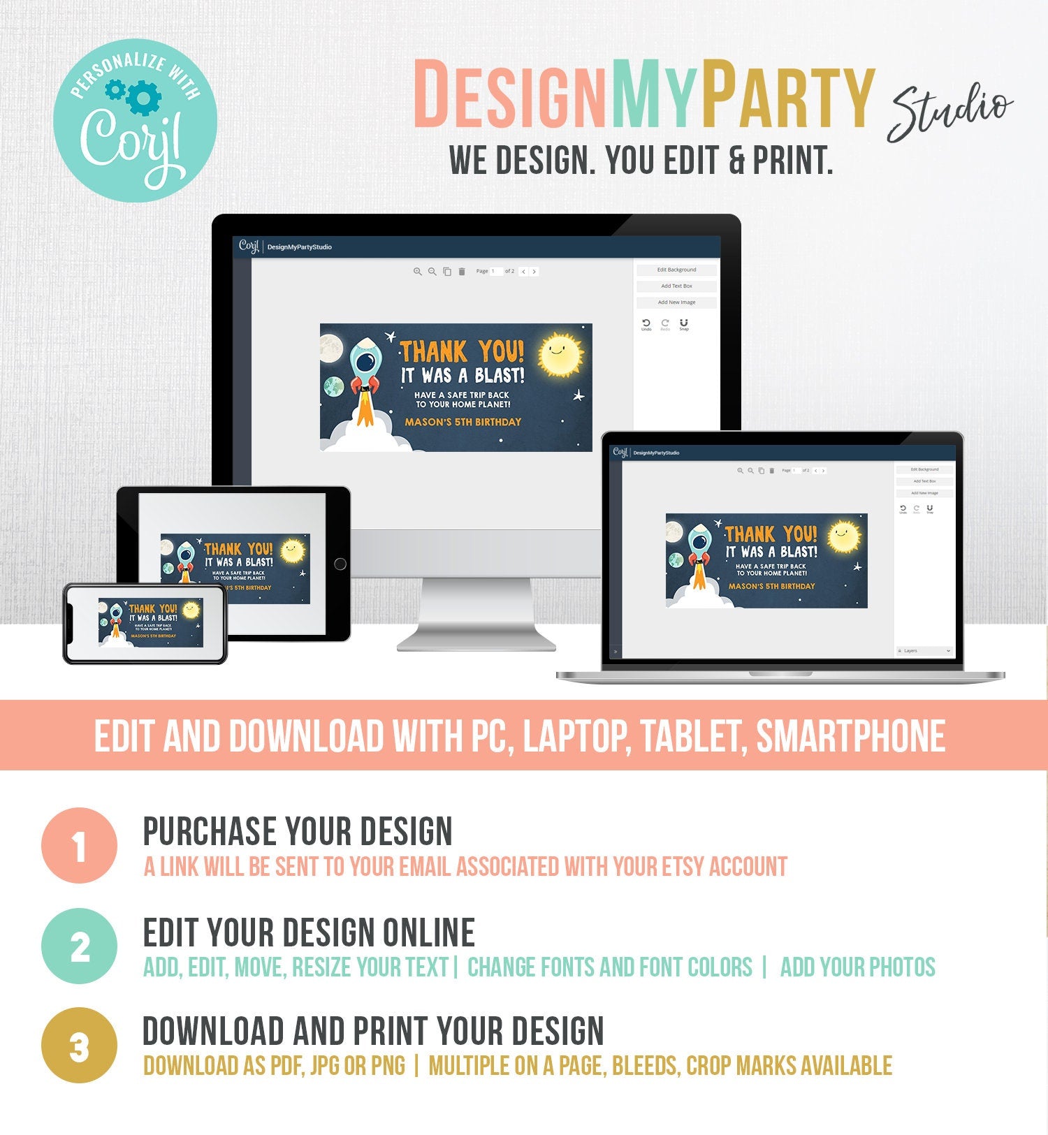 Editable Outer Space Birthday Treat Bag Toppers Rocket Galaxy Favors Thank You It Was a Blast Sun Astronaut Blast Off Digital Template 0046