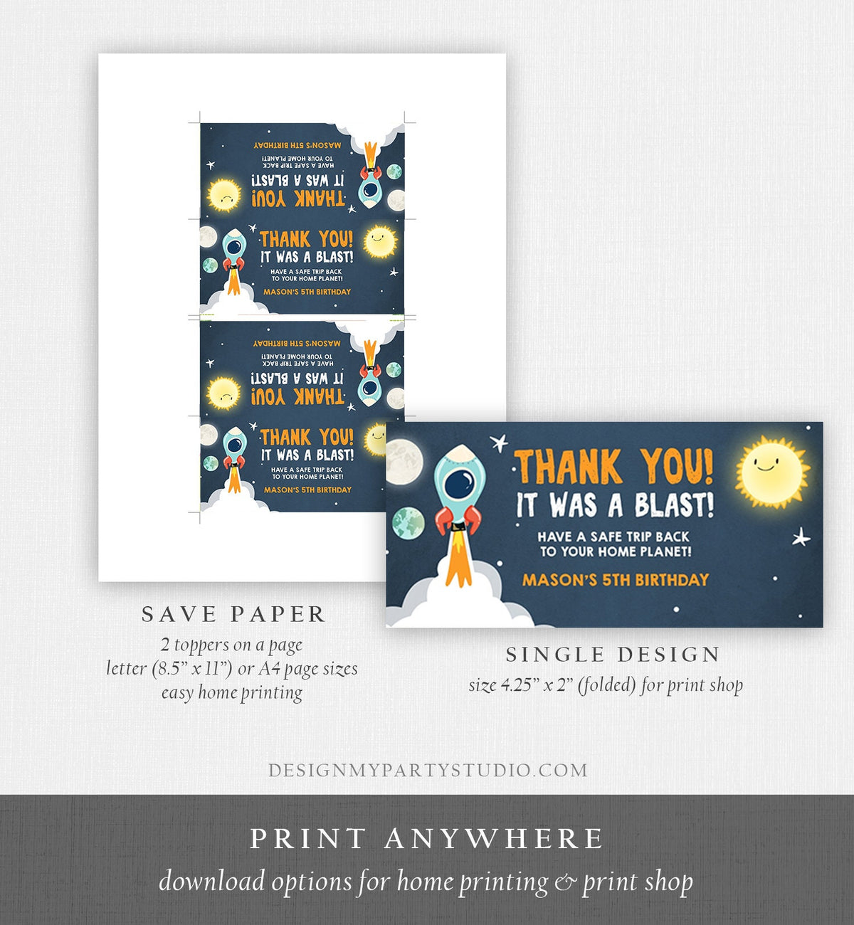 Editable Outer Space Birthday Treat Bag Toppers Rocket Galaxy Favors Thank You It Was a Blast Sun Astronaut Blast Off Digital Template 0046