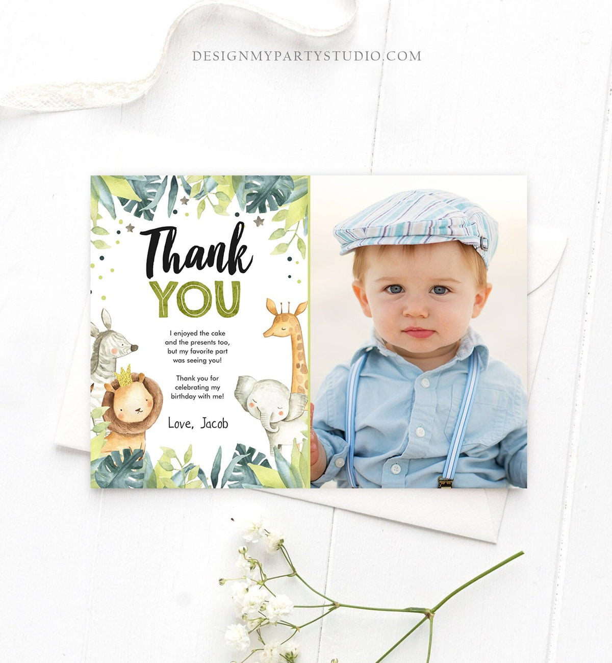 Editable Thank You Card Safari Animals Wild One Two Wild Thank You Note Boy Green Gold Jungle Zoo Party Animals Corjl Template Digital 0163