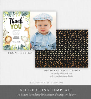 Editable Thank You Card Safari Animals Wild One Two Wild Thank You Note Boy Green Gold Jungle Zoo Party Animals Corjl Template Digital 0163