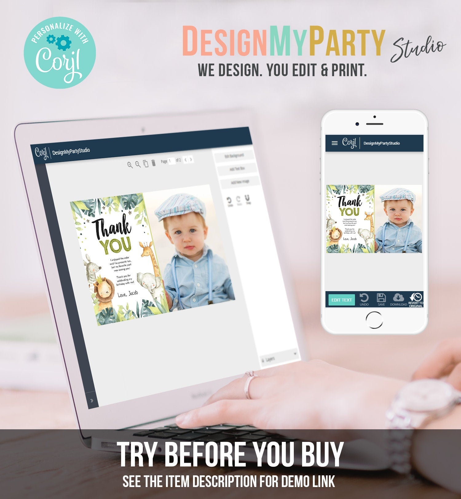 Editable Thank You Card Safari Animals Wild One Two Wild Thank You Note Boy Green Gold Jungle Zoo Party Animals Corjl Template Digital 0163