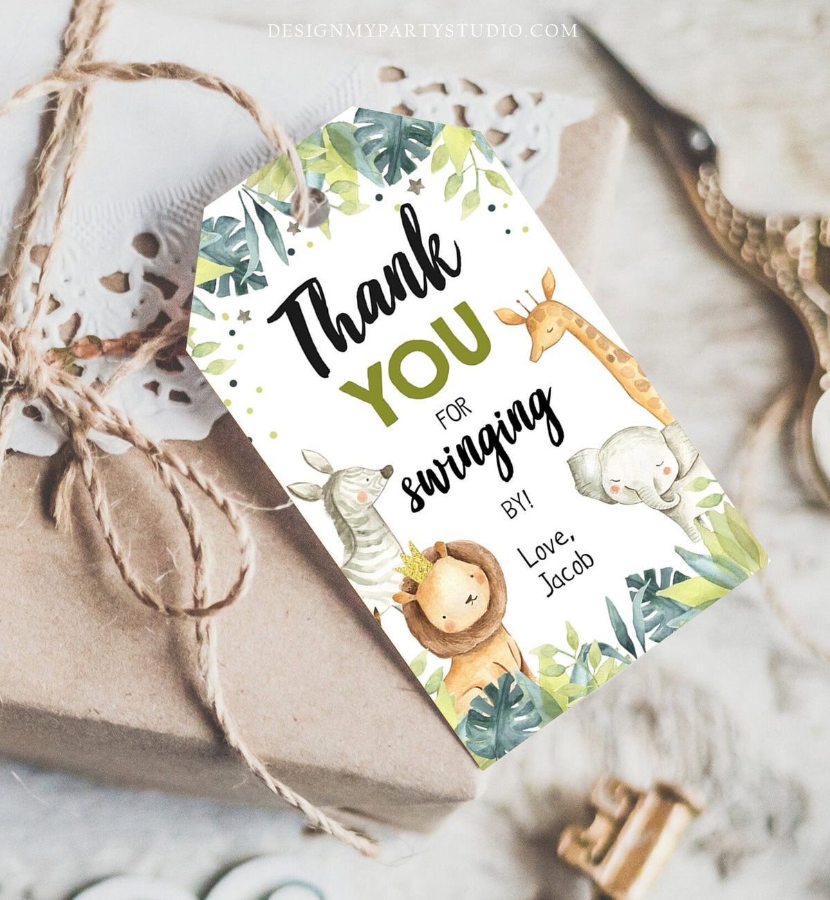 Editable Safari Animals Favor Tag Wild One Birthday Thank You Zoo Jungle Boy Gold Green Swinging By Digital Template Printable 0163