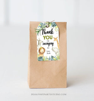 Editable Favor tags Safari Animals Wild One Birthday Thank you tags Jungle Boy Gold Green Swinging By Gift tags Zoo Template Corjl 0163