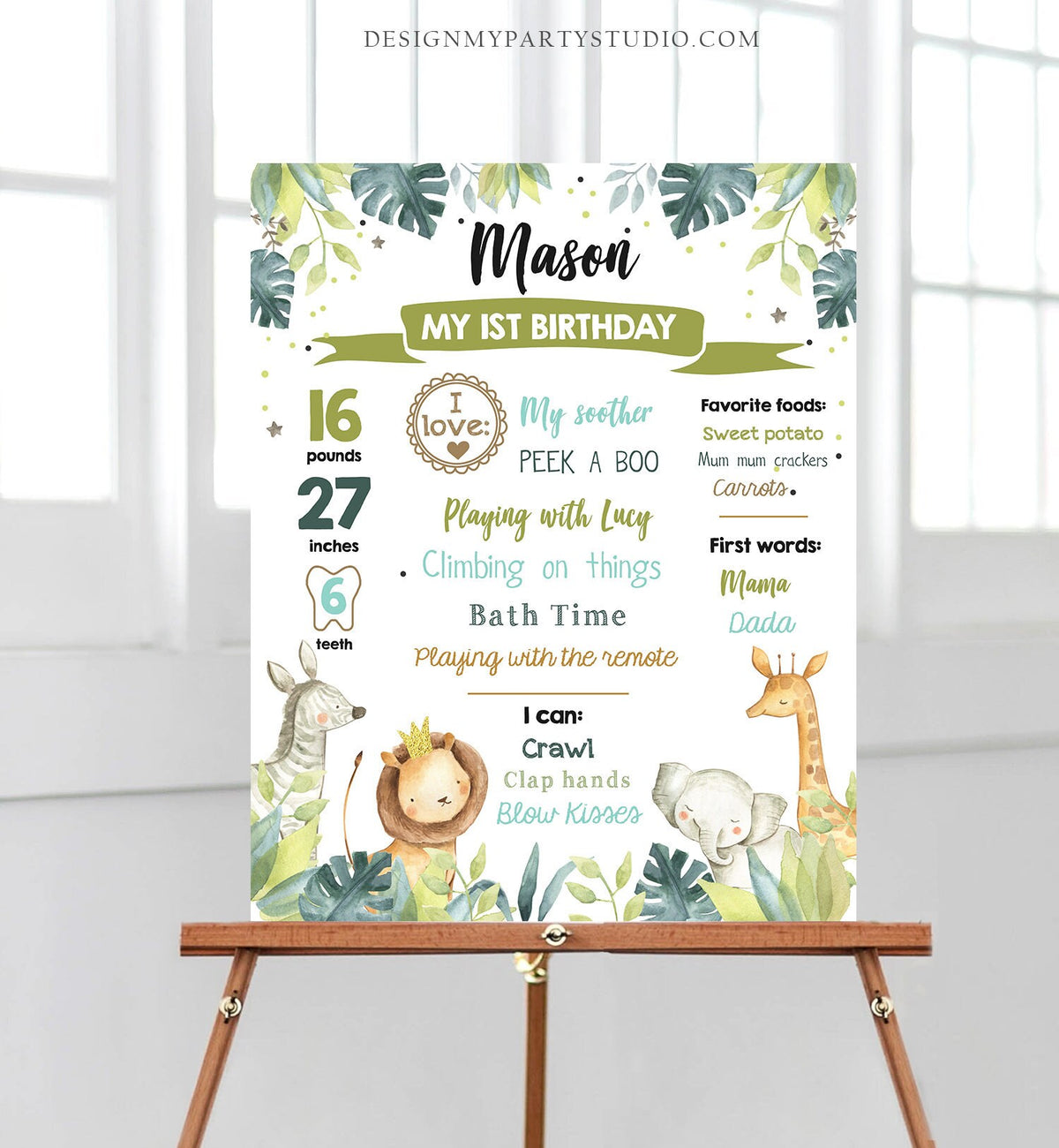 Editable Safari Animals Birthday Milestones Sign Green and Gold Boy Birthday Zoo Jungle 1st Birthday Download Template Printable Corjl 0163