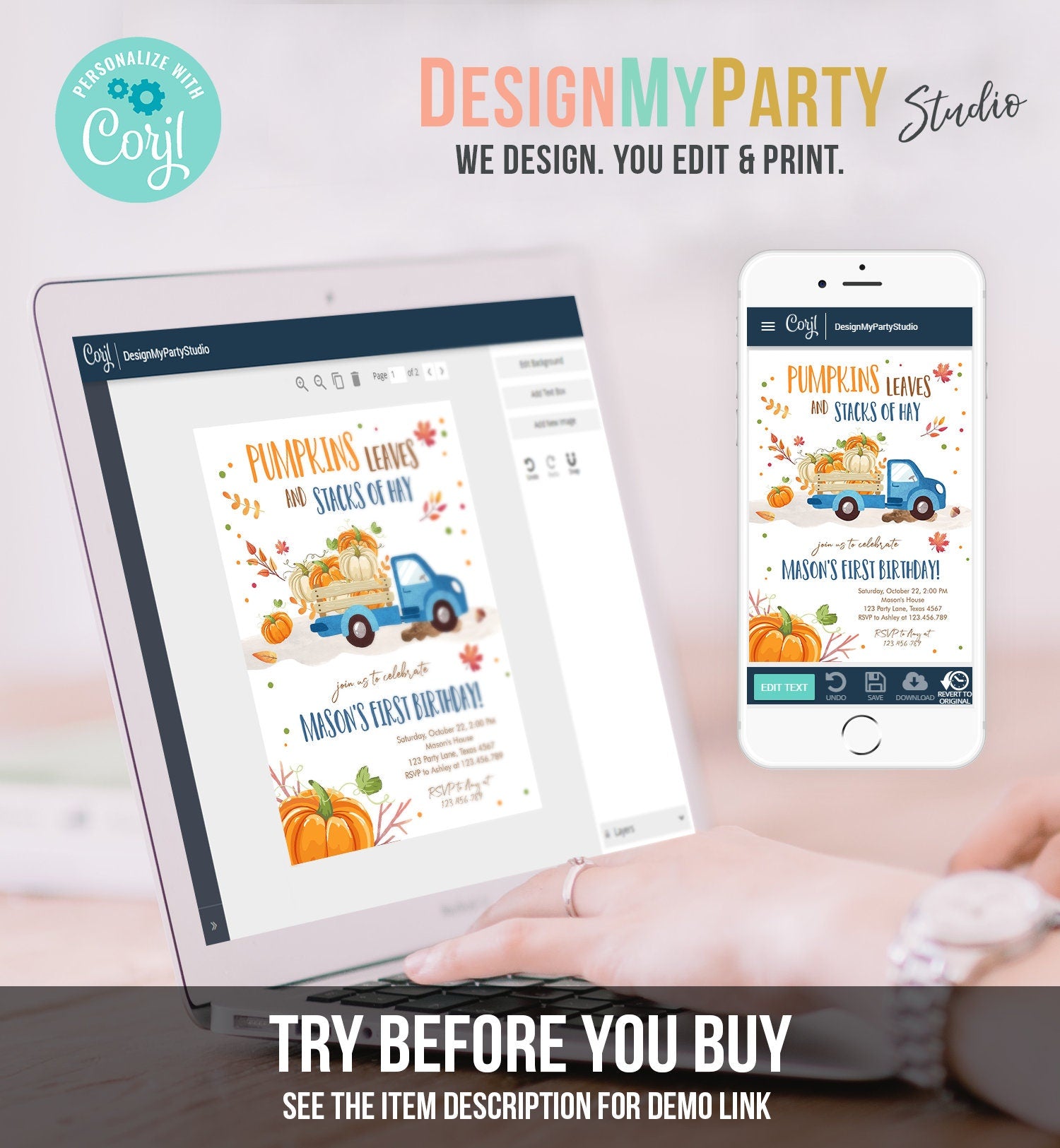 Editable Pumpkin Birthday Invitation Boy Fall Boy Pumpkin Truck Birthday Party Blue Orange Download Printable Invitation Corjl Template 0153