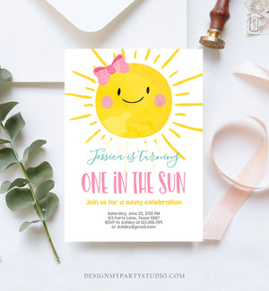 Editable One in the Sun Sunshine Birthday Invitation Summer Sunshine Party First Birthday Party Pink Girl Bow Download Corjl Template 0141