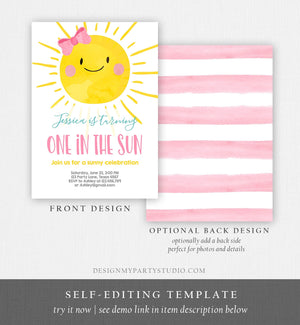 Editable One in the Sun Sunshine Birthday Invitation Summer Sunshine Party First Birthday Party Pink Girl Bow Download Corjl Template 0141