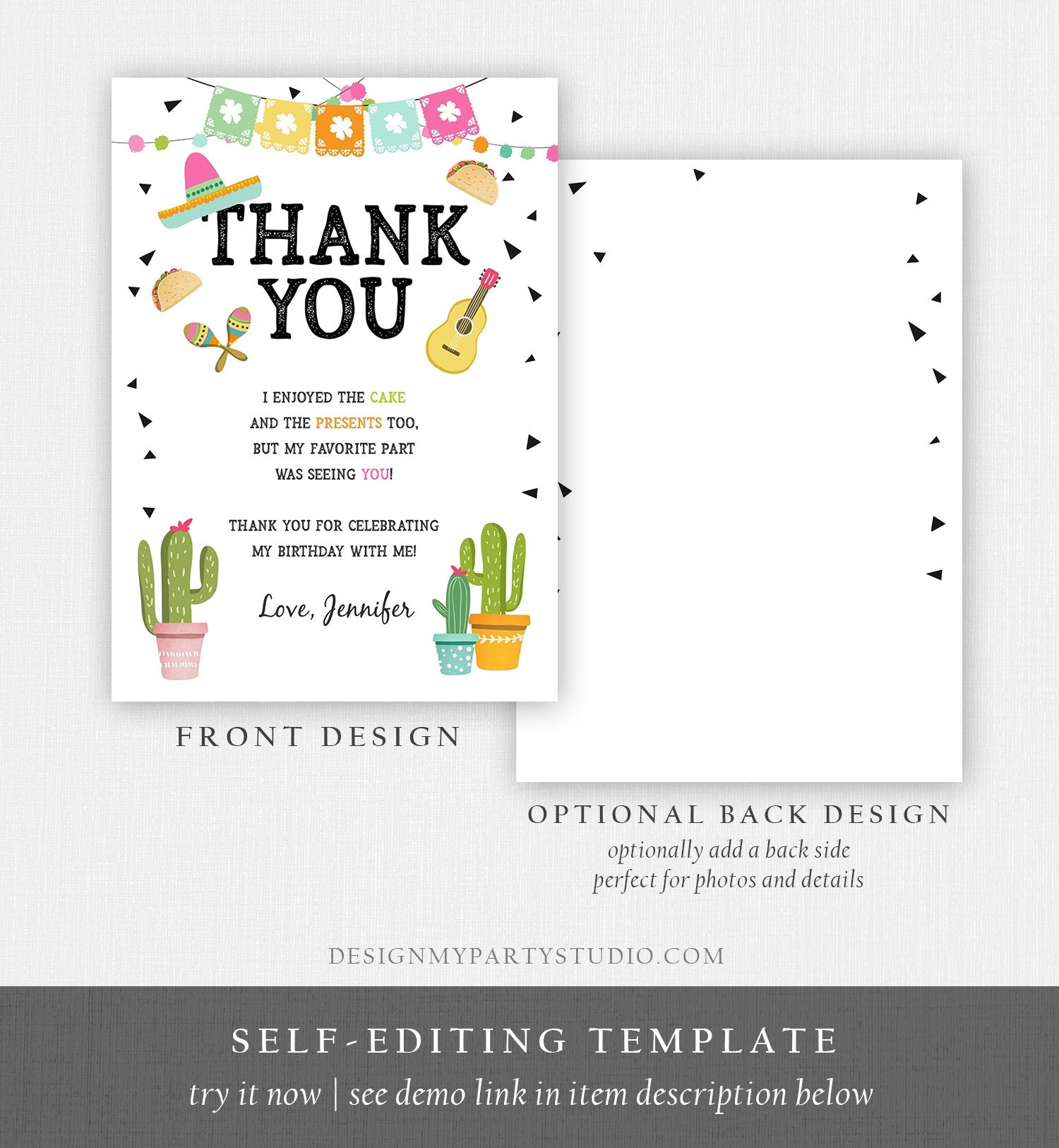 Editable Taco Fiesta Thank You Card Birthday Party Baby Bridal Shower Cactus Succulent Mexican Green Pink Digital Template Printable 0161