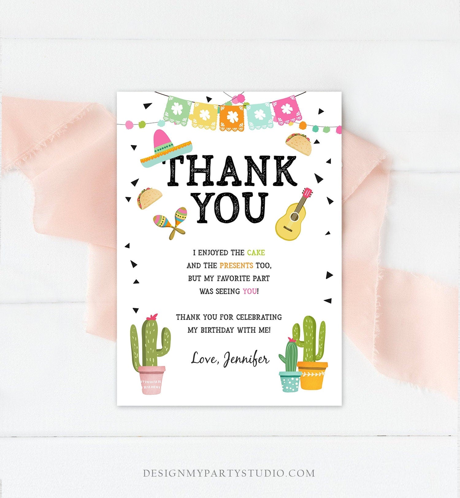 Editable Taco Fiesta Thank You Card Birthday Party Baby Bridal Shower Cactus Succulent Mexican Green Pink Digital Template Printable 0161