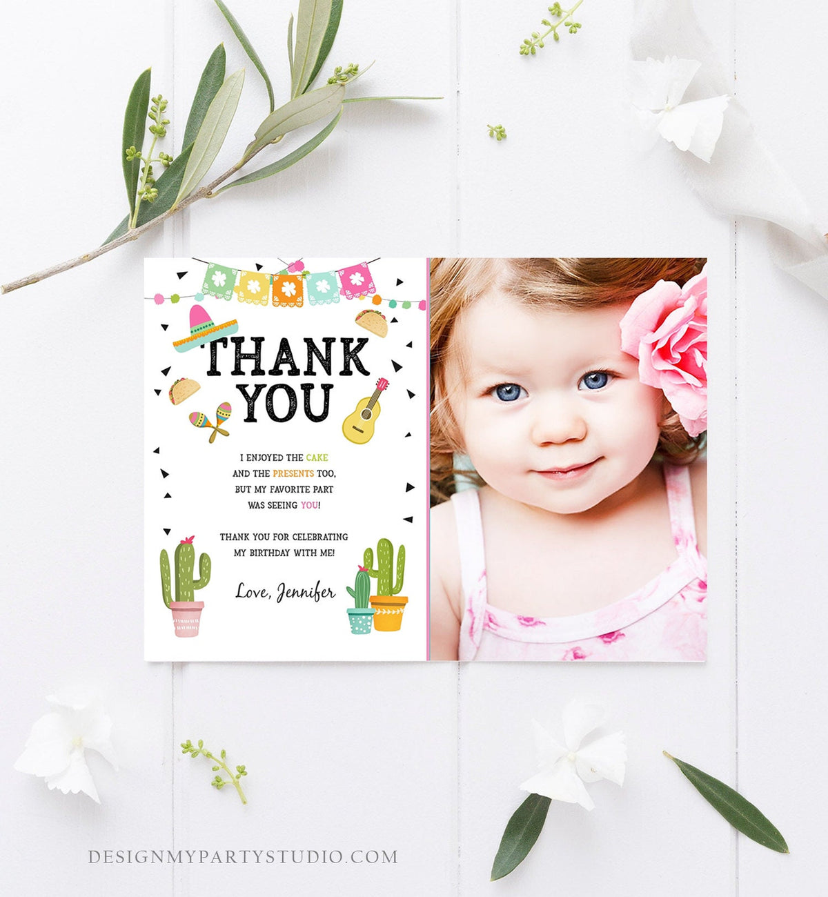 Editable Taco Fiesta Thank You Card Birthday Party Baby Bridal Shower Cactus Succulent Mexican Green Girl Digital Template Printable 0161