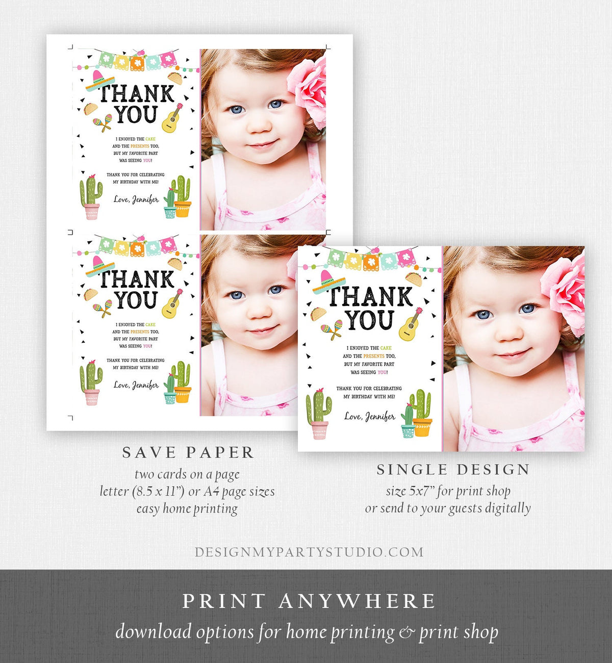 Editable Taco Fiesta Thank You Card Birthday Party Baby Bridal Shower Cactus Succulent Mexican Green Girl Digital Template Printable 0161