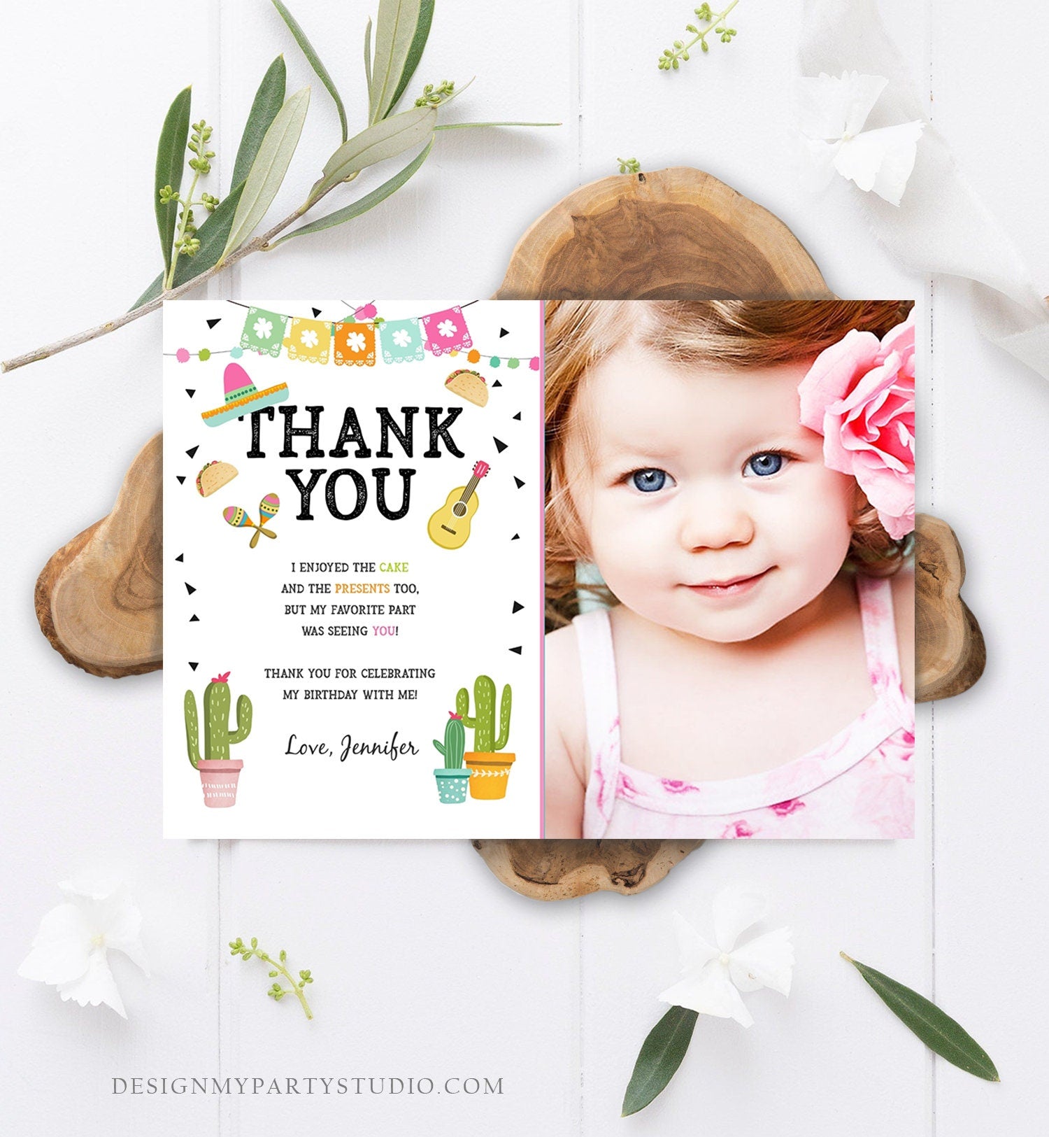 Editable Taco Fiesta Thank You Card Birthday Party Baby Bridal Shower Cactus Succulent Mexican Green Girl Digital Template Printable 0161