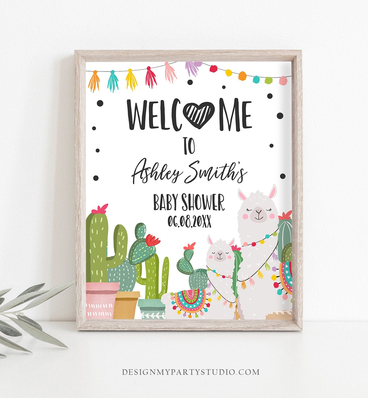 Editable Llama Fiesta Welcome Sign Baby Shower Cactus Mexican Succulent Couples Shower Sprinkle Table Digital Template Printable 0079