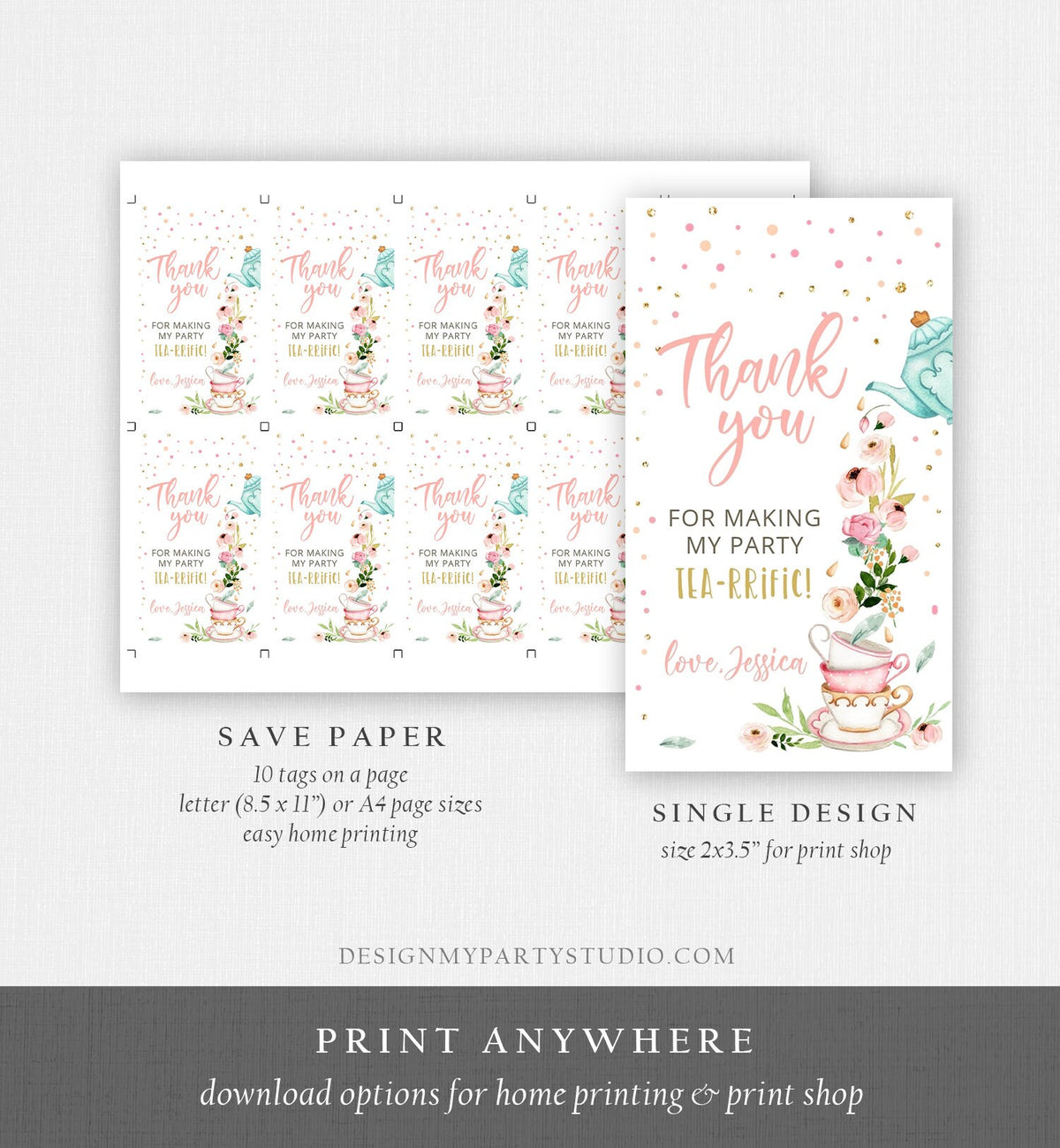 Editable Tea for Two Favor Tags Tea Birthday Thank You Tags Tea-rrific Tea Party Garden Floral Tea pot Gift Tag Digital Corjl Template 0349