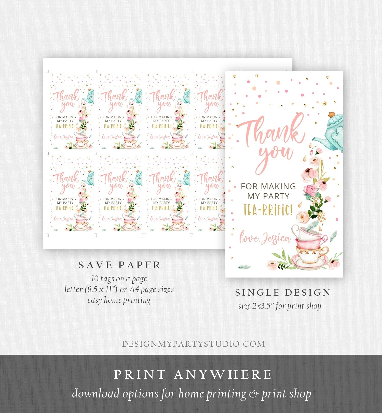 Editable Tea for Two Favor Tags Tea Birthday Thank You Tags Tea-rrific Tea Party Garden Floral Tea pot Gift Tag Digital Corjl Template 0349