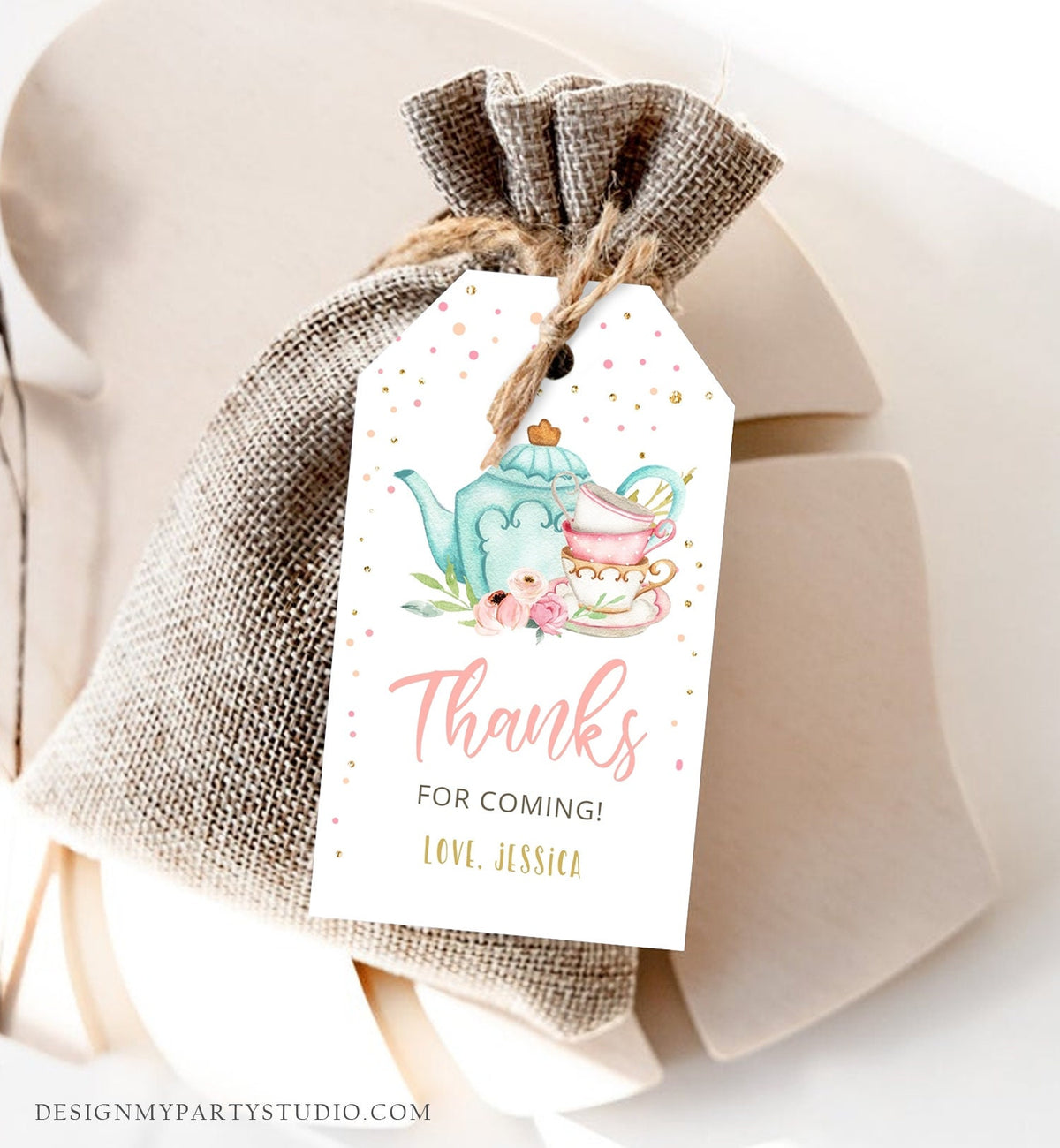 Editable Tea for Two Favor Tags Tea Birthday Thank You Tags Tea-rrific Tea Party Garden Floral Tea pot Gift Tag Digital Corjl Template 0349