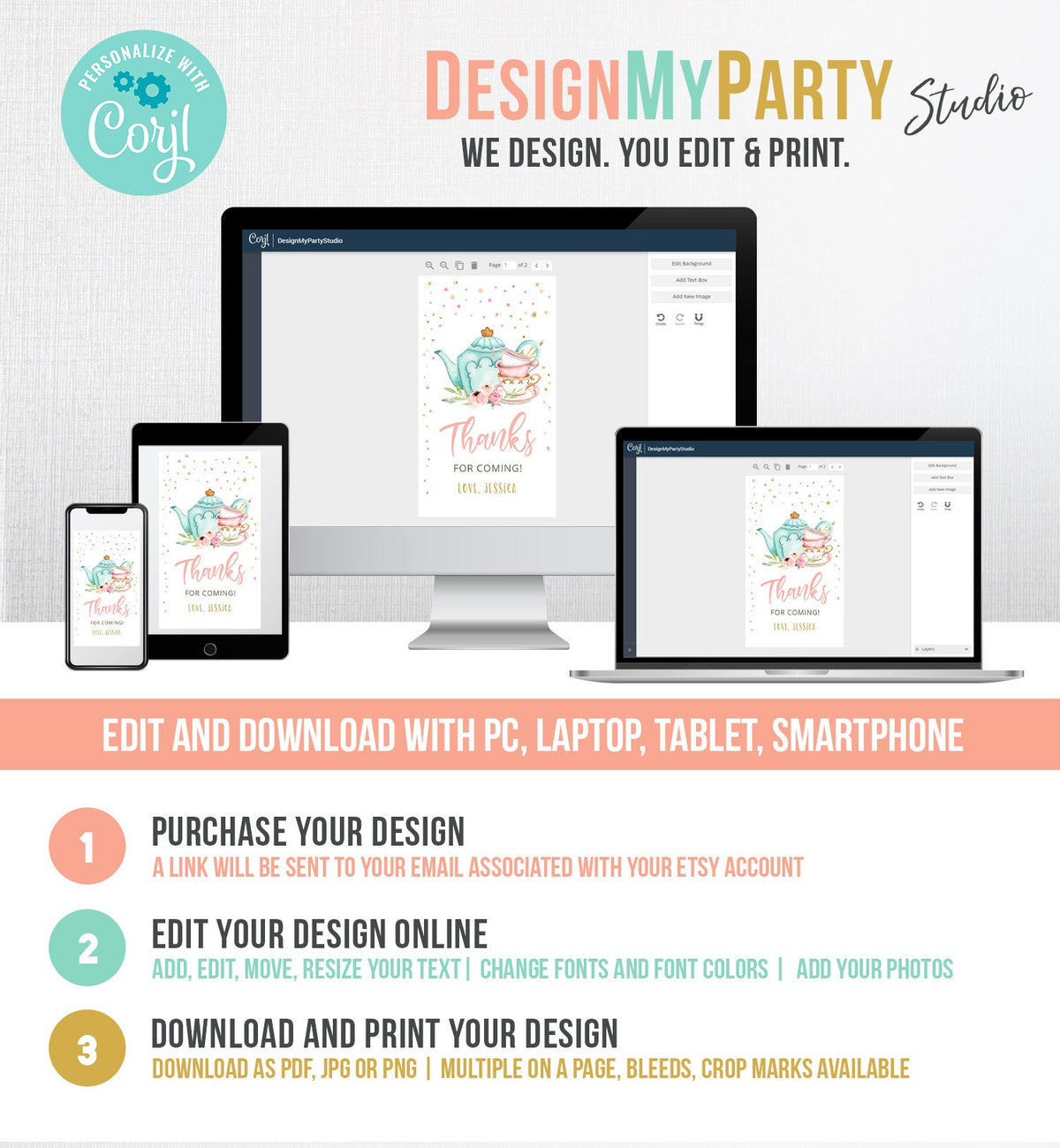 Editable Tea for Two Favor Tags Tea Birthday Thank You Tags Tea-rrific Tea Party Garden Floral Tea pot Gift Tag Digital Corjl Template 0349