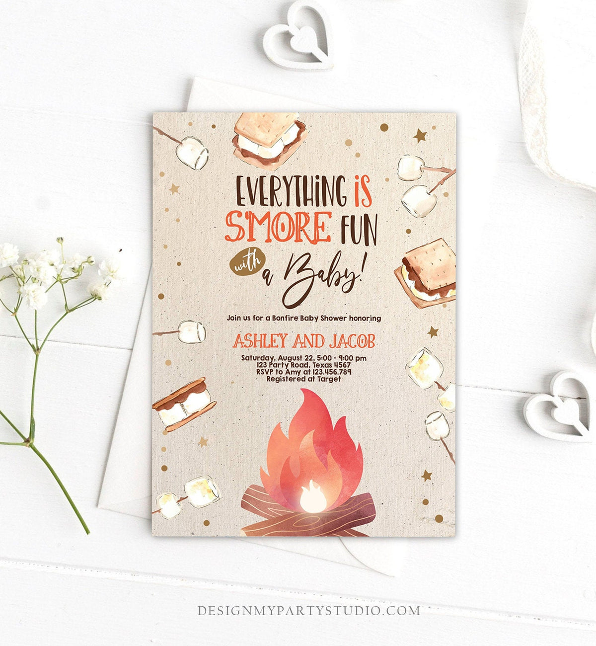 Editable S&#39;more Baby Shower Invitation Bonfire Baby Shower Autumn Couples Shower Invite Fall Smores Neutral Printable Template Corjl 0179