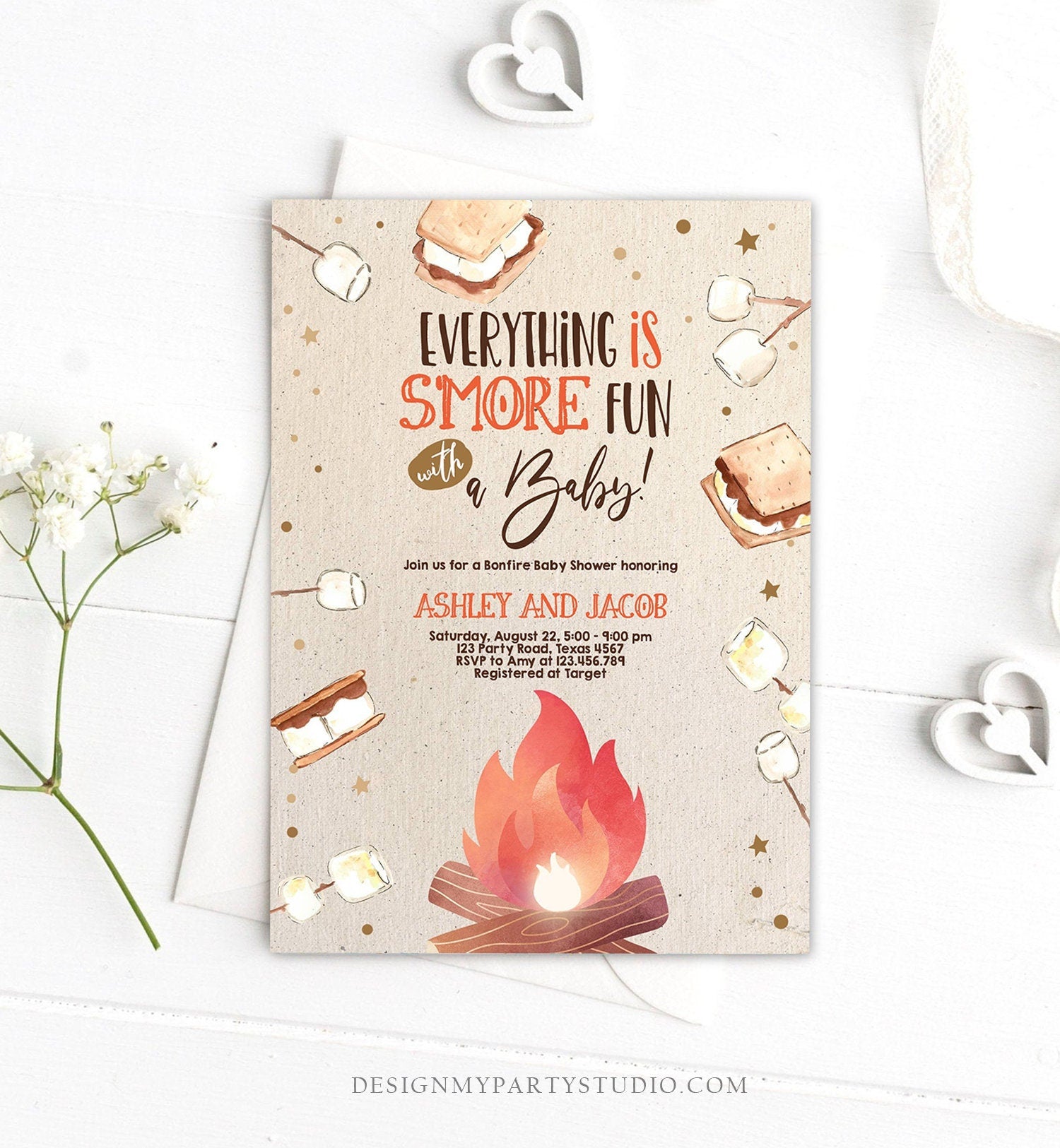 Editable S'more Baby Shower Invitation Bonfire Baby Shower Autumn Couples Shower Invite Fall Smores Neutral Printable Template Corjl 0179
