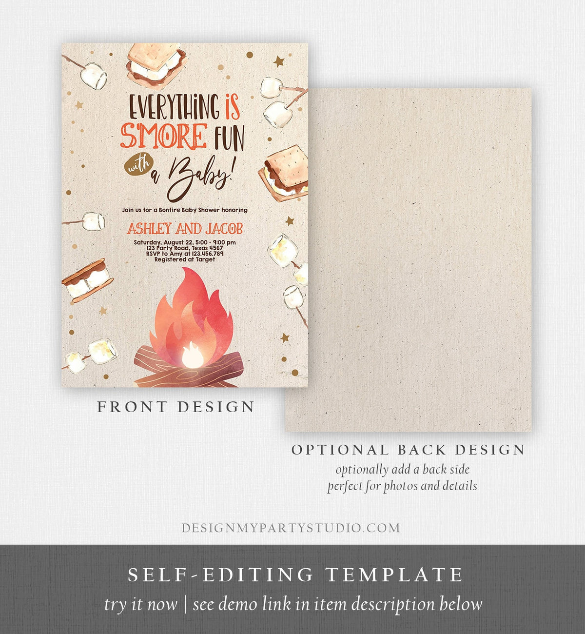 Editable S&#39;more Baby Shower Invitation Bonfire Baby Shower Autumn Couples Shower Invite Fall Smores Neutral Printable Template Corjl 0179