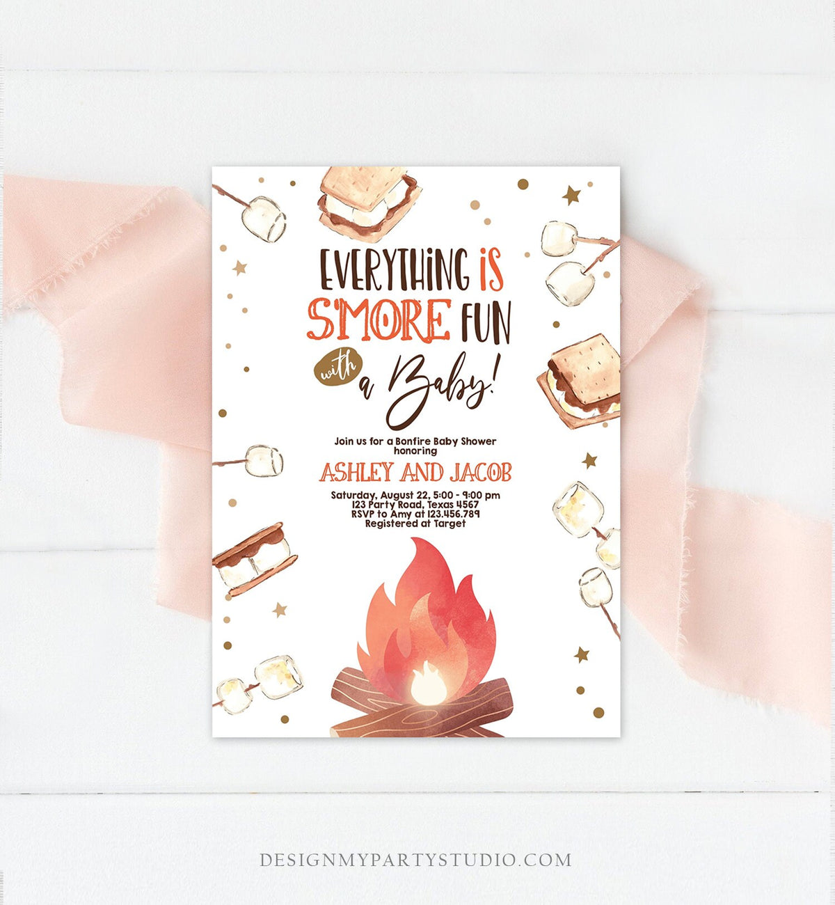 Editable S&#39;more Baby Shower Invitation Bonfire Baby Shower Autumn Couples Shower Fall Smores Digital Download Evite Template Printable 0179