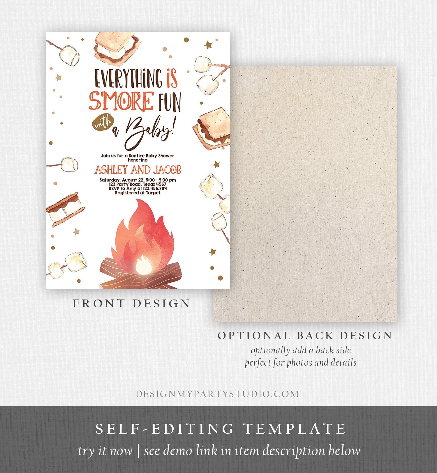 Editable S'more Baby Shower Invitation Bonfire Baby Shower Autumn Couples Shower Fall Smores Digital Download Evite Template Printable 0179