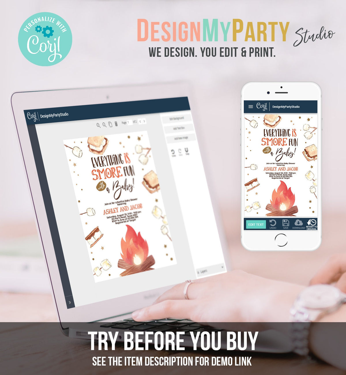 Editable S&#39;more Baby Shower Invitation Bonfire Baby Shower Autumn Couples Shower Fall Smores Digital Download Evite Template Printable 0179