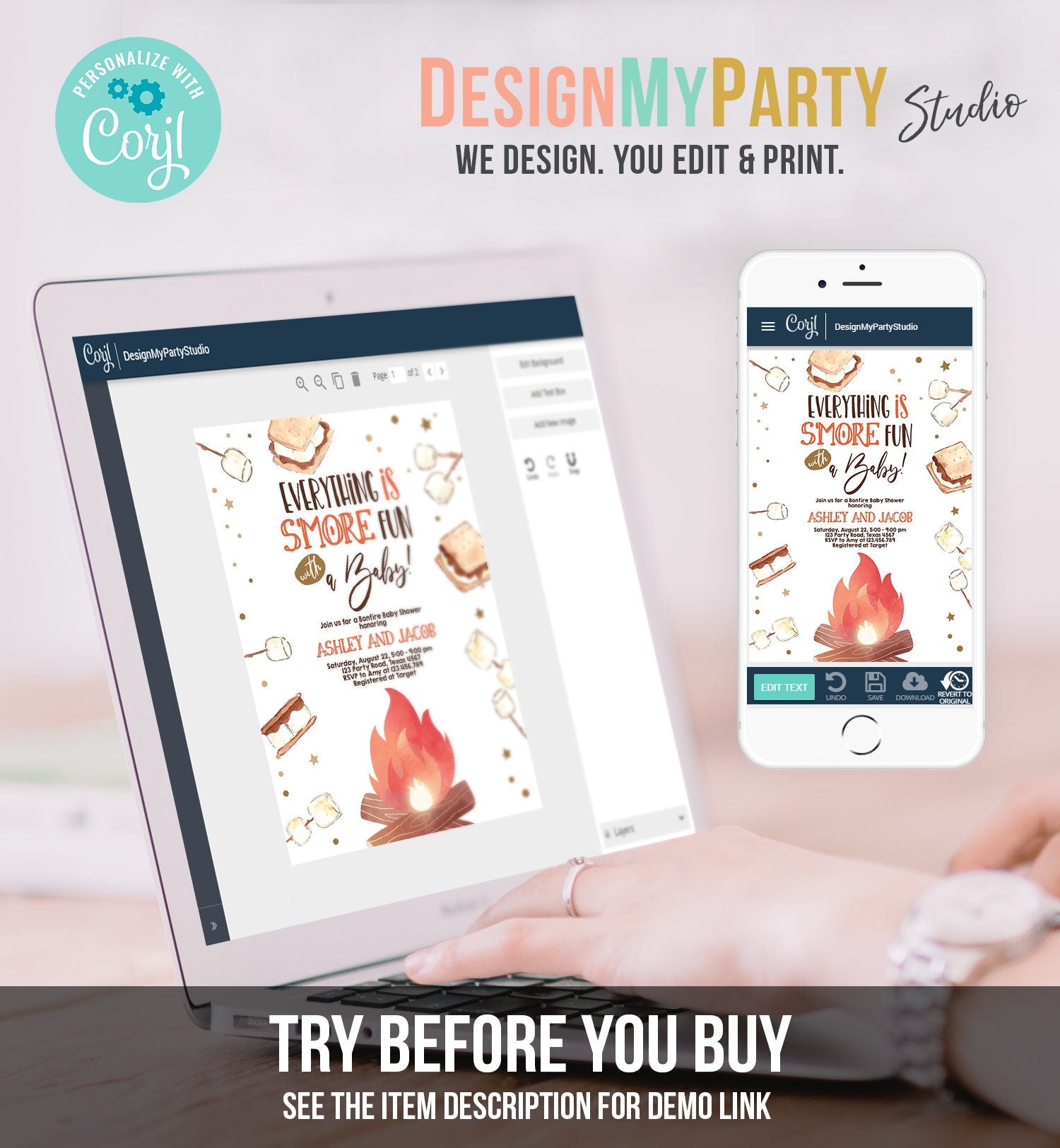 Editable S'more Baby Shower Invitation Bonfire Baby Shower Autumn Couples Shower Fall Smores Digital Download Evite Template Printable 0179