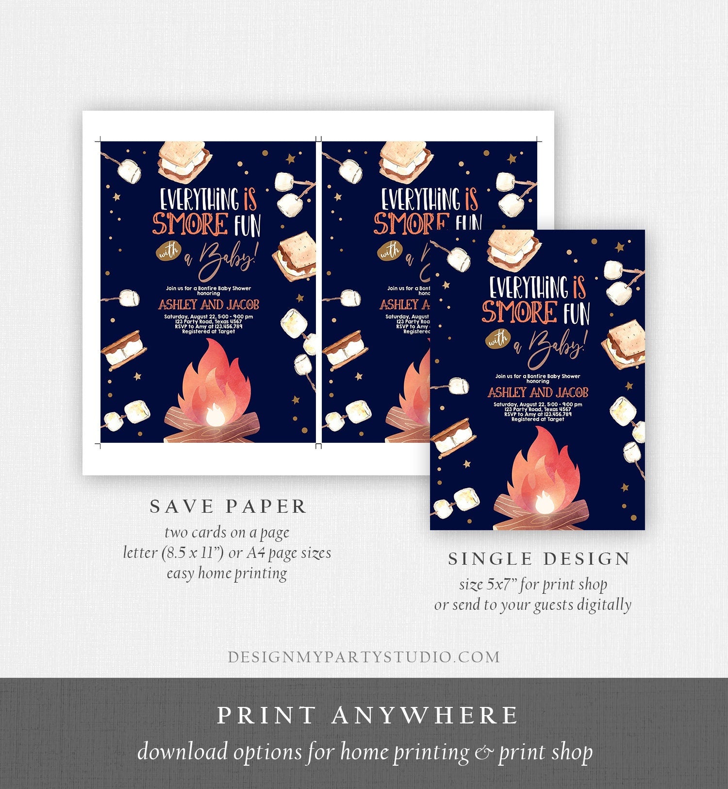 Editable S'more Baby Shower Invitation Bonfire Baby Shower Autumn Couples Fall Smores Neutral Digital Download Template Printable 0179