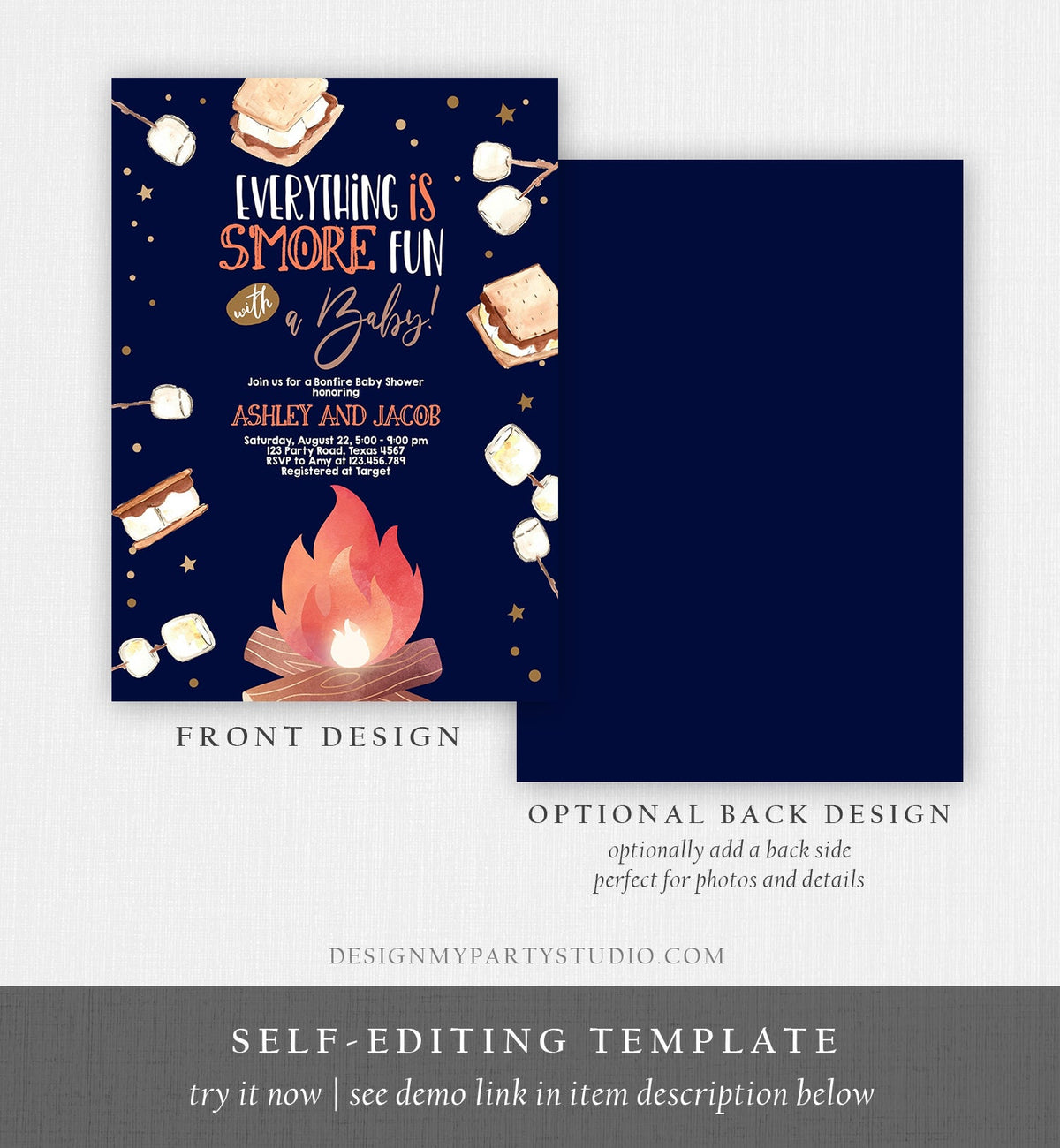 Editable S&#39;more Baby Shower Invitation Bonfire Baby Shower Autumn Couples Fall Smores Neutral Digital Download Template Printable 0179