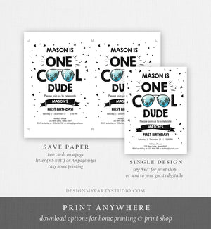 Editable One Cool Dude 1st Birthday Invitation Boy First Birthday Party Sunglasses Palm Tropical Pool Cool One Printable Corjl Template 0136