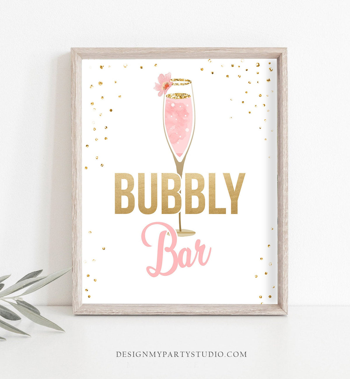 Bubbly Bar Sign Cheers Bridal Shower Wedding Fruit Juice Sign Floral Pink Gold Brunch and Bubbly Bar Sign Instant Download Printable 0150