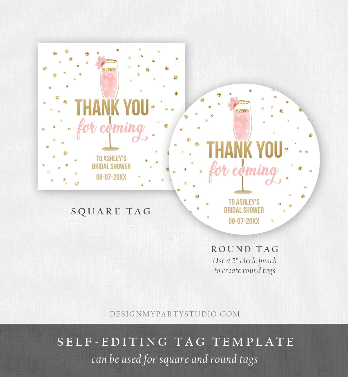 Editable Brunch and Bubbly Thank you Stickers Bubbly Bridal shower favor tags Pink Gold Floral printable Tag Template PRINTABLE Corjl 0150