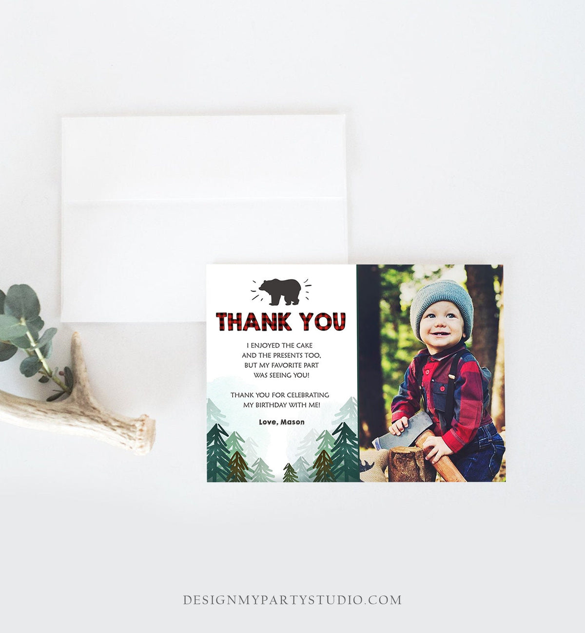 Editable Lumberjack Thank You Card Birthday Rustic Wild One Bear Forest Buffalo Plaid Trees Digital Download Template Printable 0377