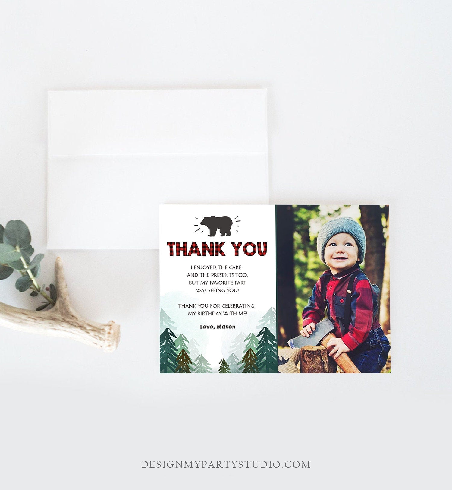 Editable Lumberjack Thank You Card Birthday Rustic Wild One Bear Forest Buffalo Plaid Trees Digital Download Template Printable 0377