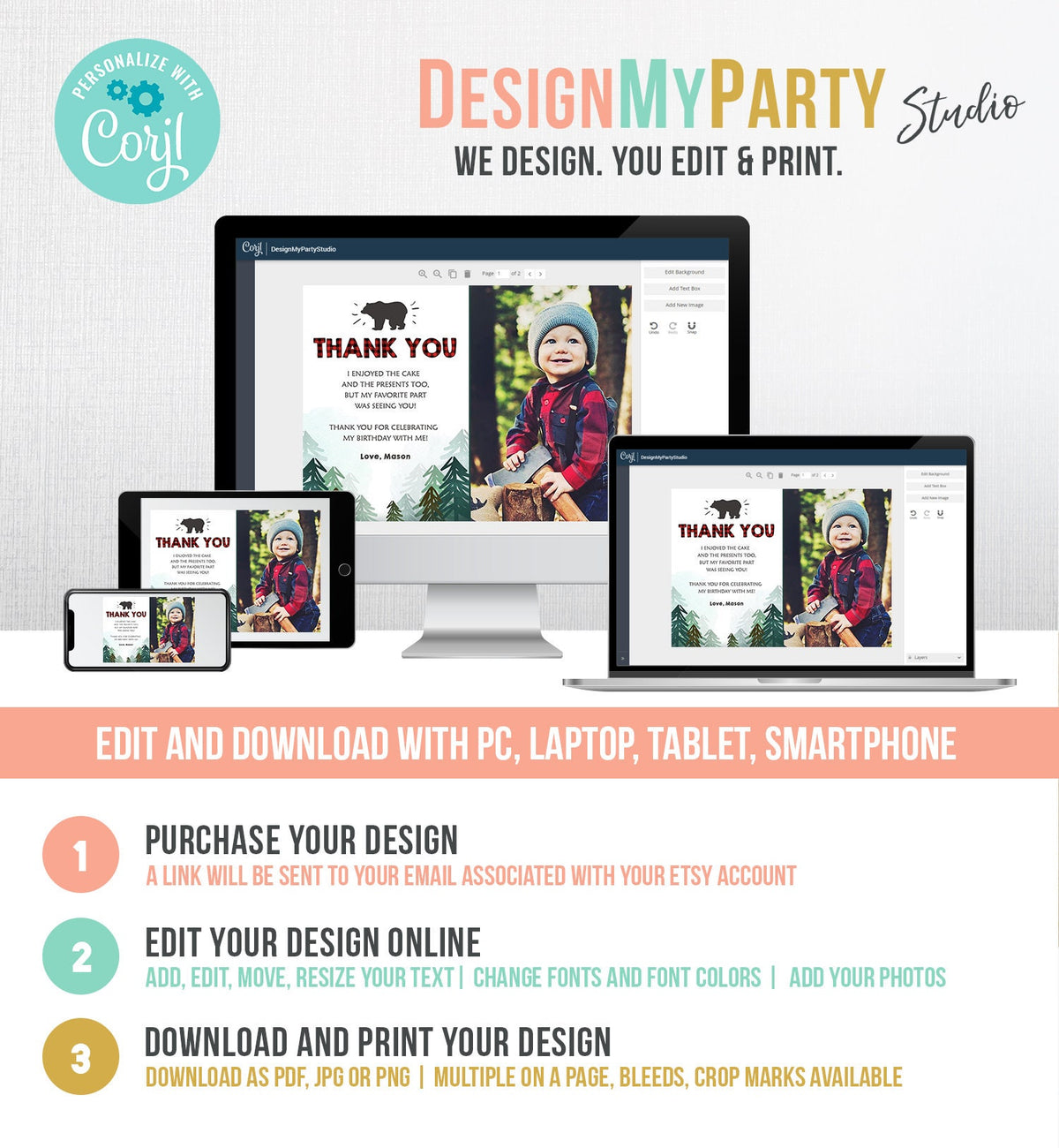 Editable Lumberjack Thank You Card Birthday Rustic Wild One Bear Forest Buffalo Plaid Trees Digital Download Template Printable 0377