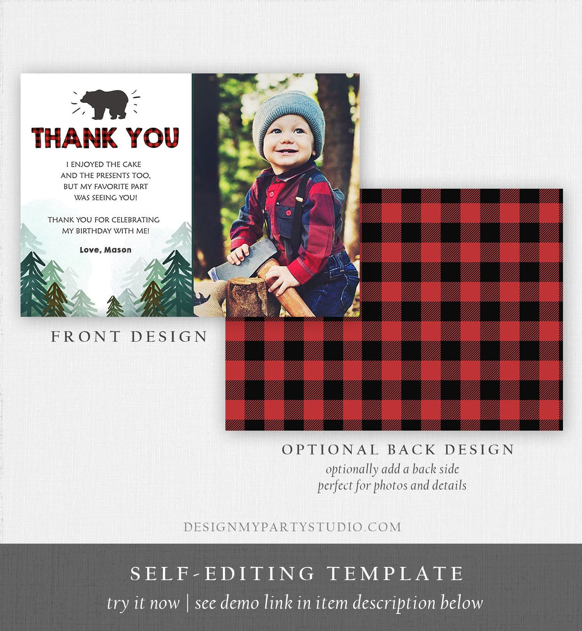 Editable Lumberjack Thank You Card Birthday Rustic Wild One Bear Forest Buffalo Plaid Trees Digital Download Template Printable 0377