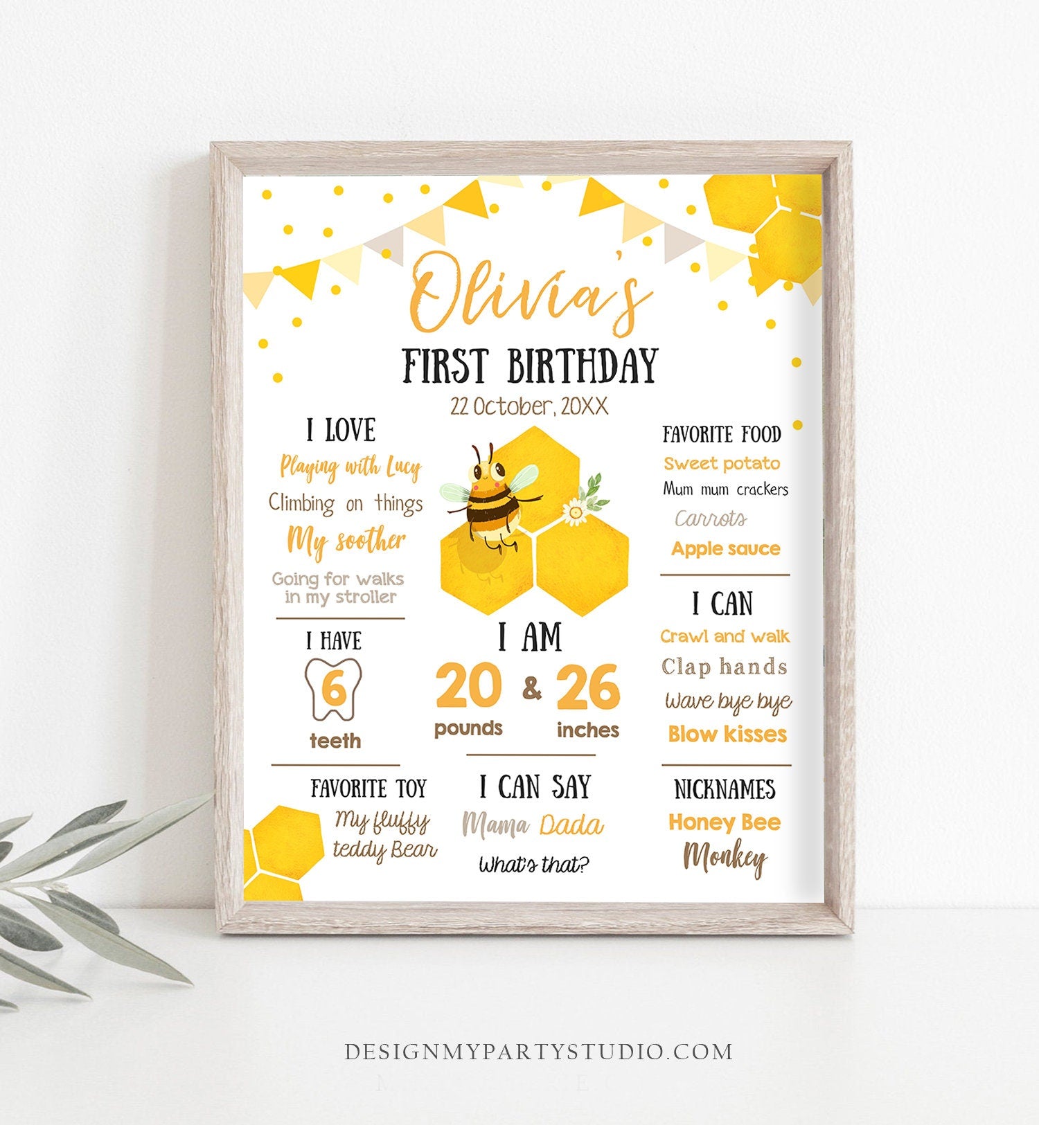 Editable Birthday Milestones Sign Bee First Birthday Honey Bee Decor Bumble Bee Summer Neutral Girl Download Template Printable Corjl 0317