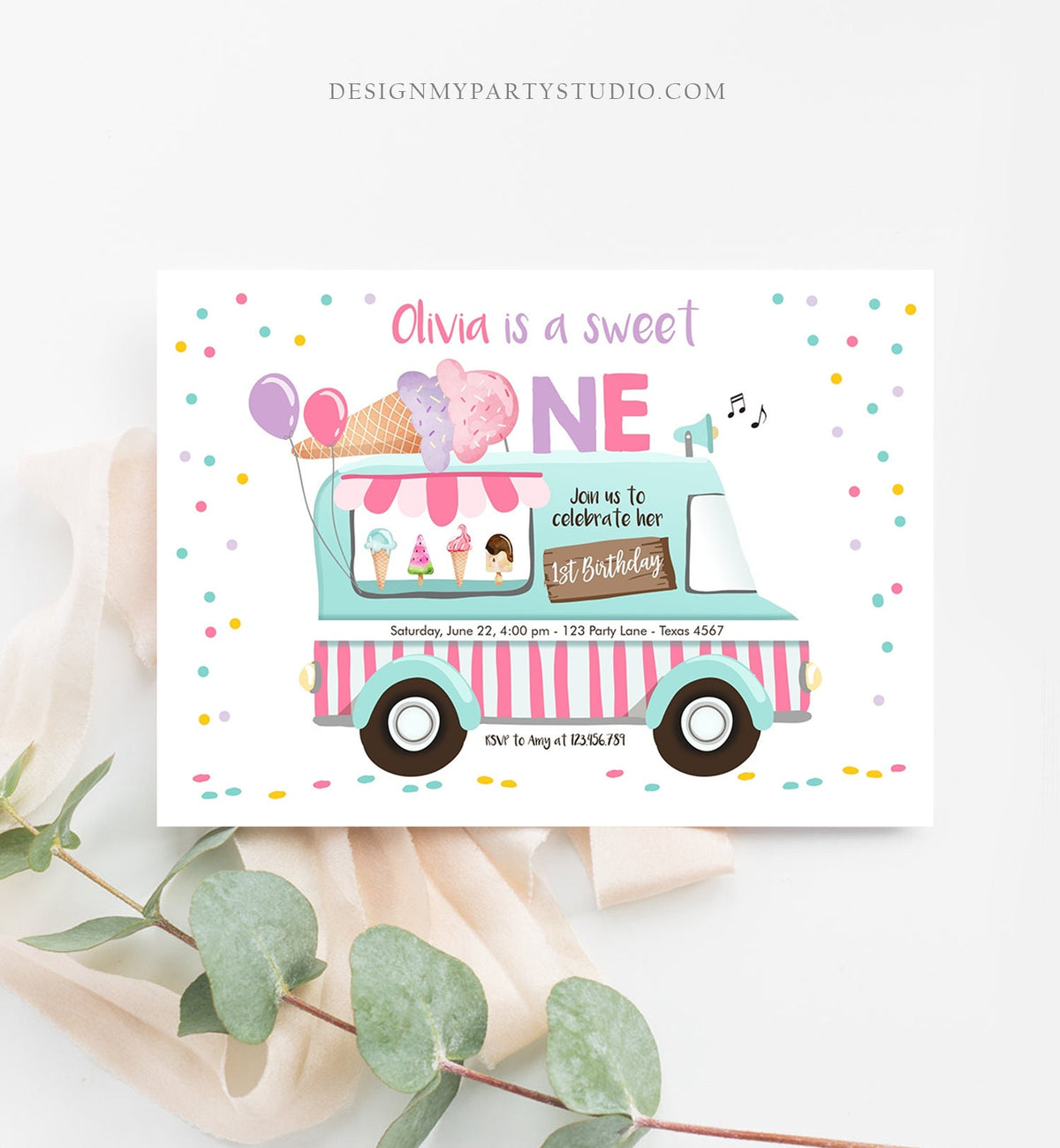 Editable Ice Cream Truck Birthday Invitation Ice Cream Sweet One 1st Birthday Party Cone Pink Mint Purple Printable Template Corjl 0243