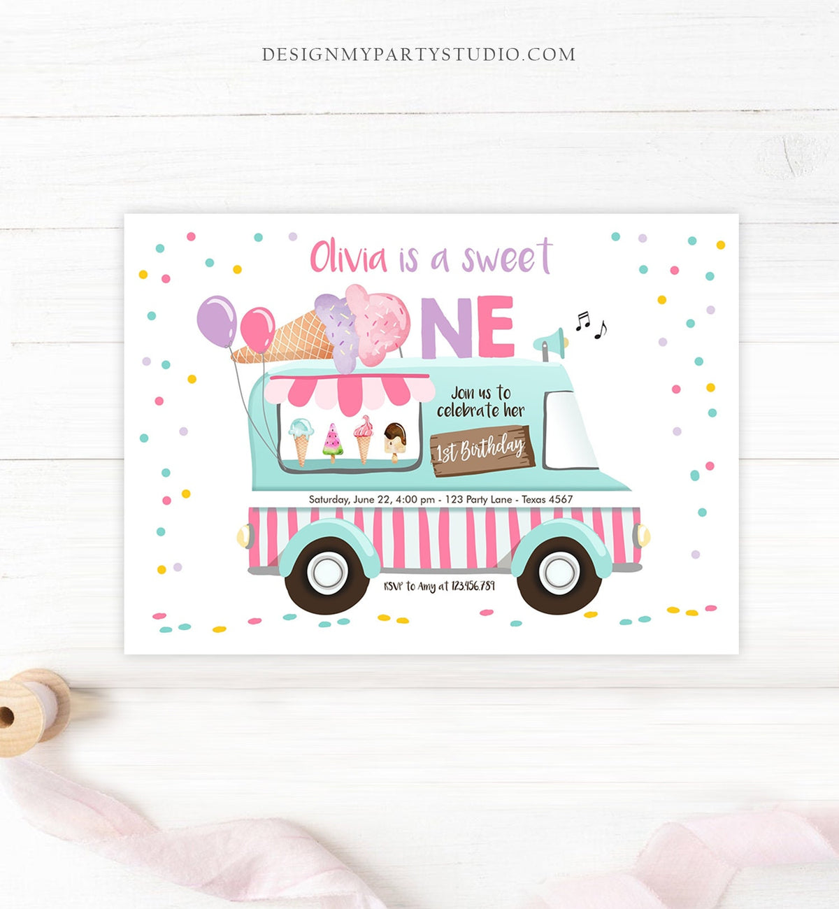 Editable Ice Cream Truck Birthday Invitation Ice Cream Sweet One 1st Birthday Party Cone Pink Mint Purple Printable Template Corjl 0243
