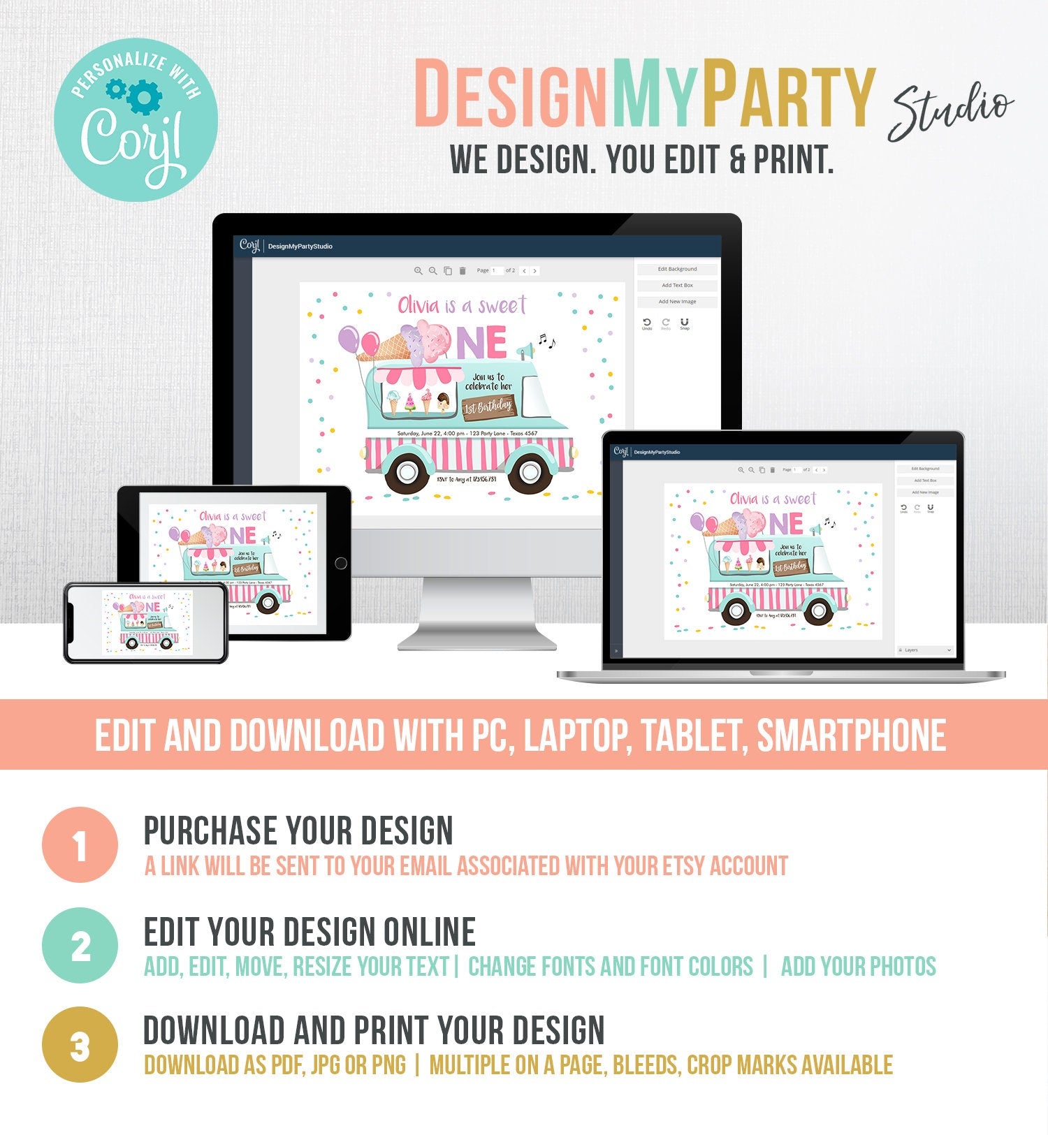 Editable Ice Cream Truck Birthday Invitation Ice Cream Sweet One 1st Birthday Party Cone Pink Mint Purple Printable Template Corjl 0243