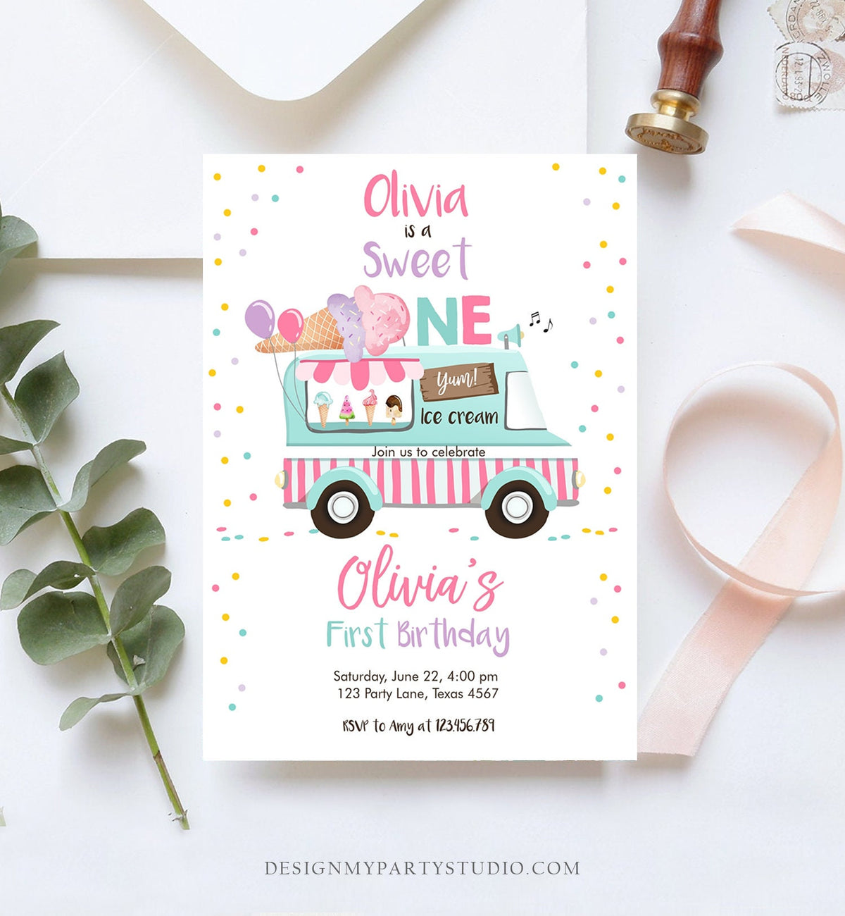 Editable Ice Cream Truck Birthday Invitation Ice Cream Sweet One 1st Birthday Party Cone Pink Mint Purple Digital Template Printable 0243