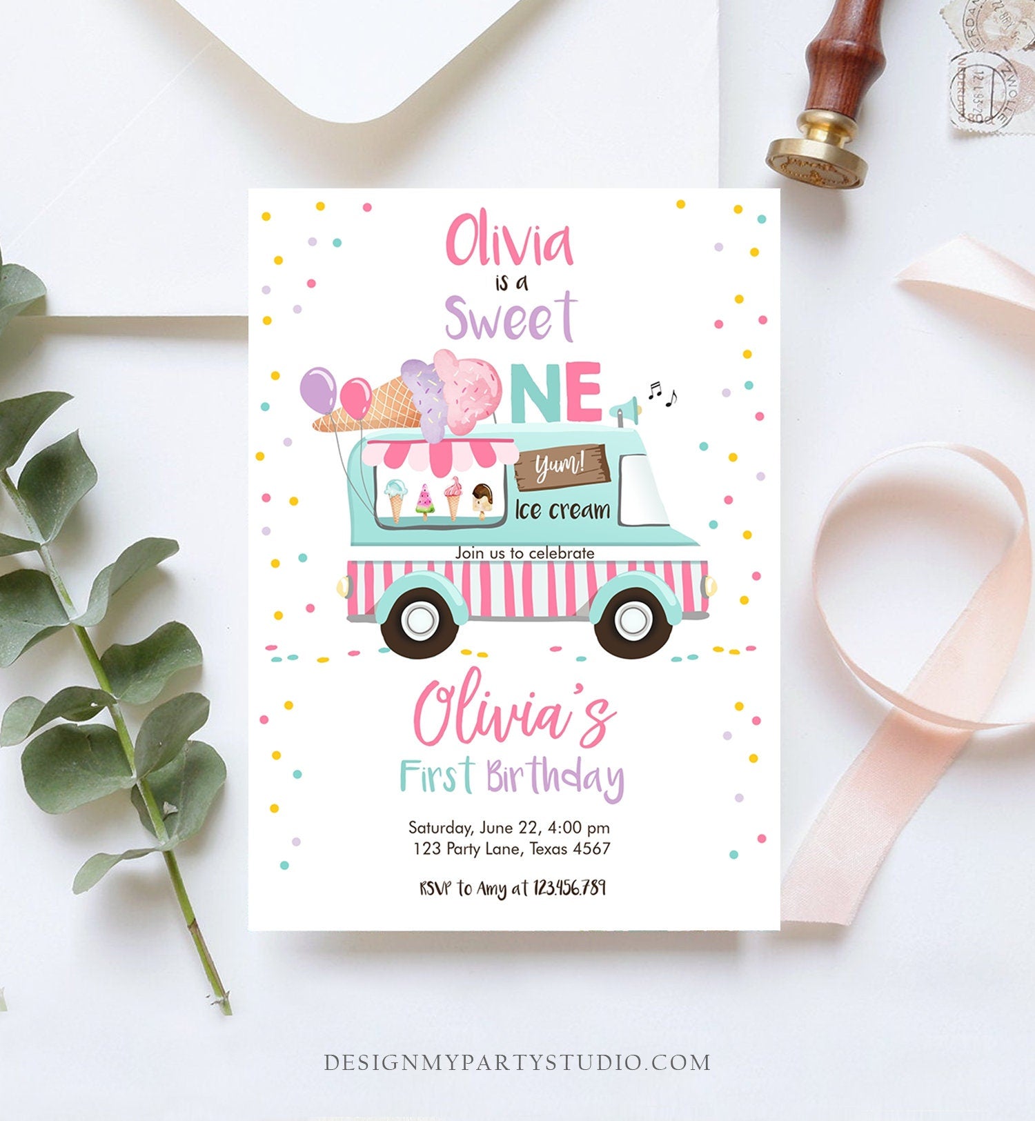 Editable Ice Cream Truck Birthday Invitation Ice Cream Sweet One 1st Birthday Party Cone Pink Mint Purple Digital Template Printable 0243