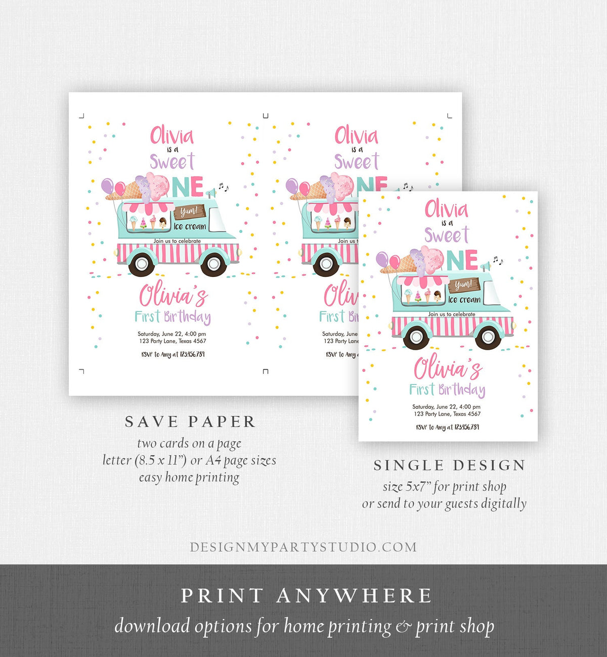 Editable Ice Cream Truck Birthday Invitation Ice Cream Sweet One 1st Birthday Party Cone Pink Mint Purple Digital Template Printable 0243
