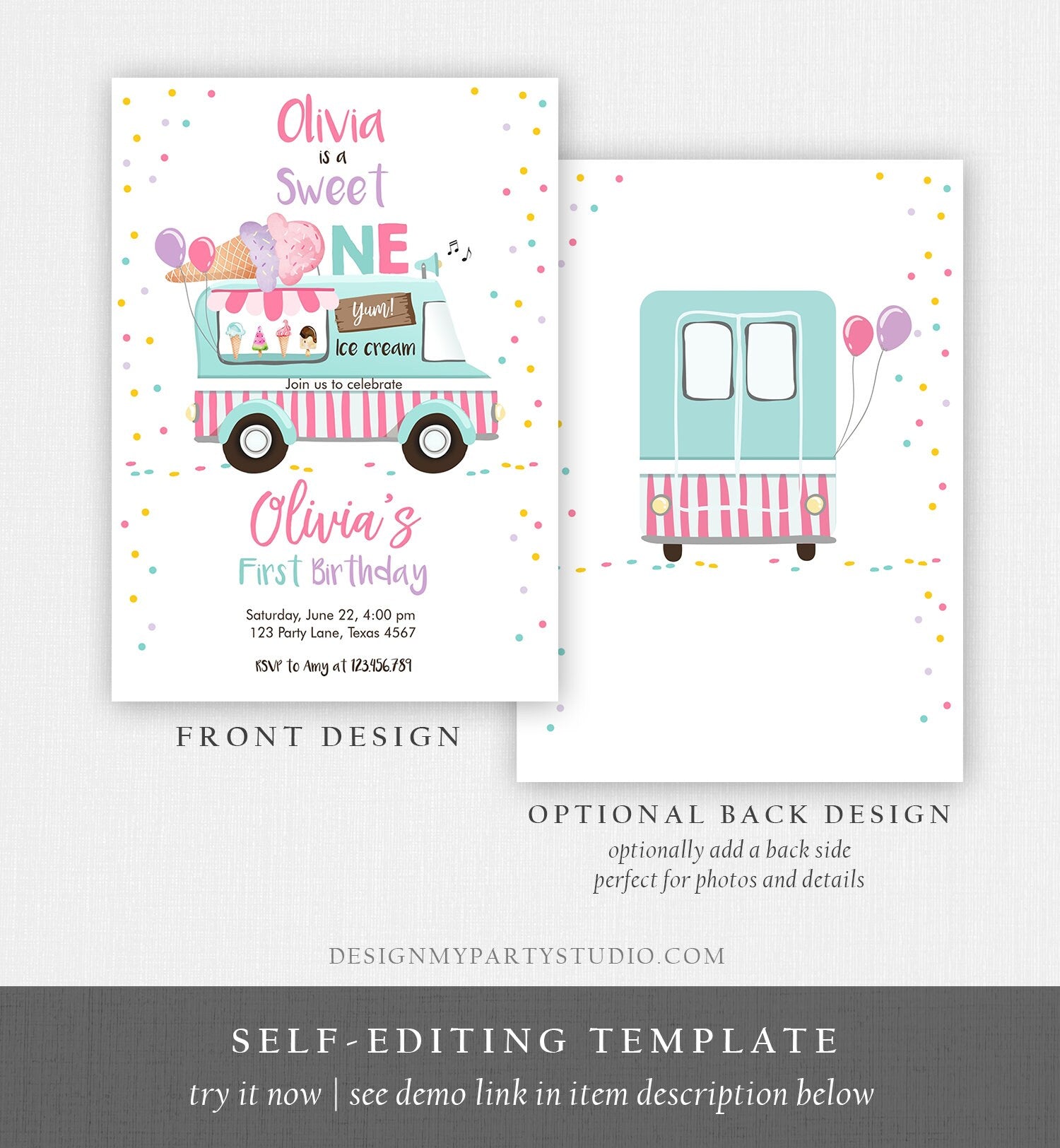 Editable Ice Cream Truck Birthday Invitation Ice Cream Sweet One 1st Birthday Party Cone Pink Mint Purple Digital Template Printable 0243