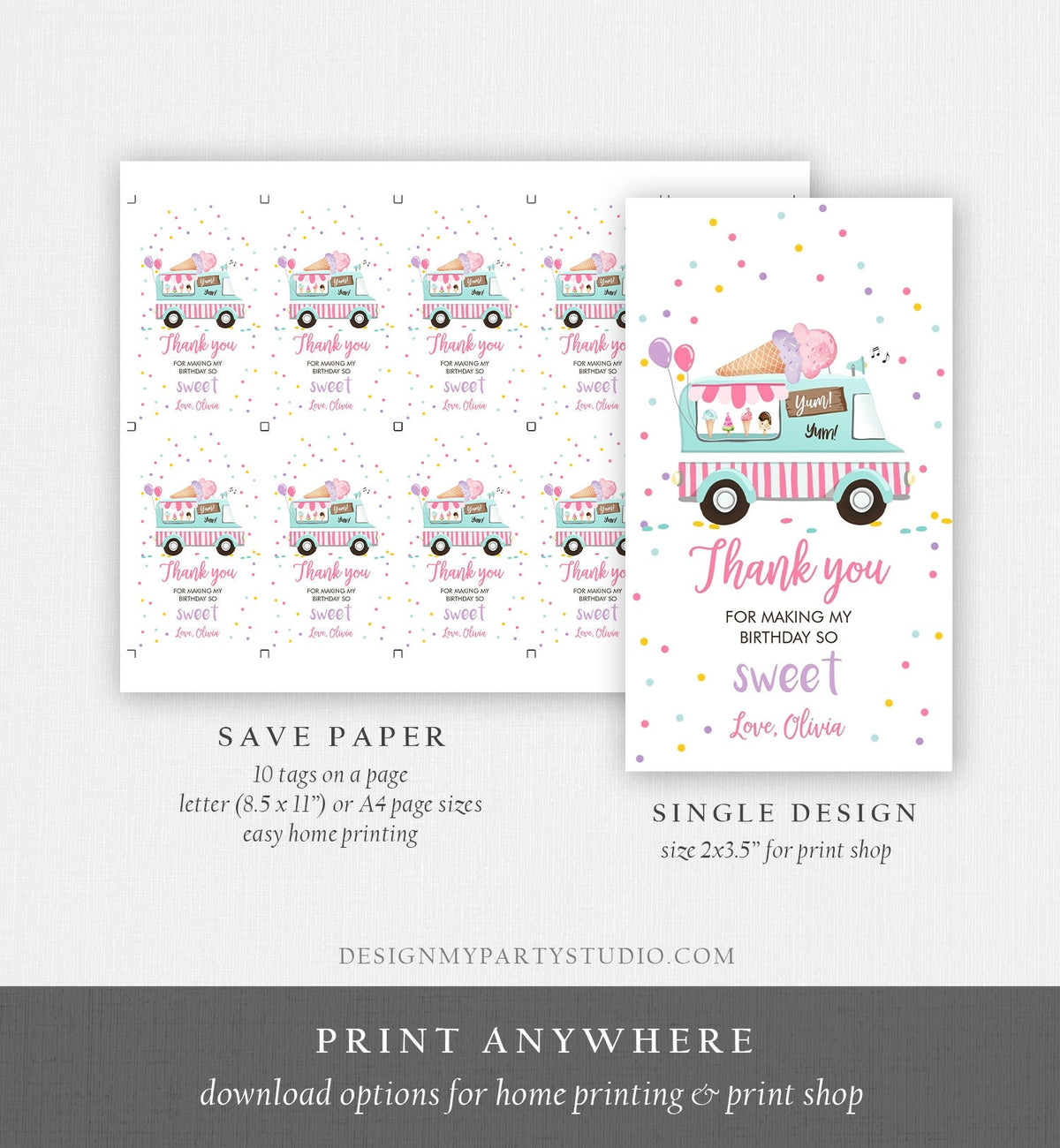 Editable Ice Cream Truck Favor Thank You Tags Ice Cream Birthday Party Girl Pink Purple Gift Goodie Bag Labels Corjl Template PRINTABLE 0243