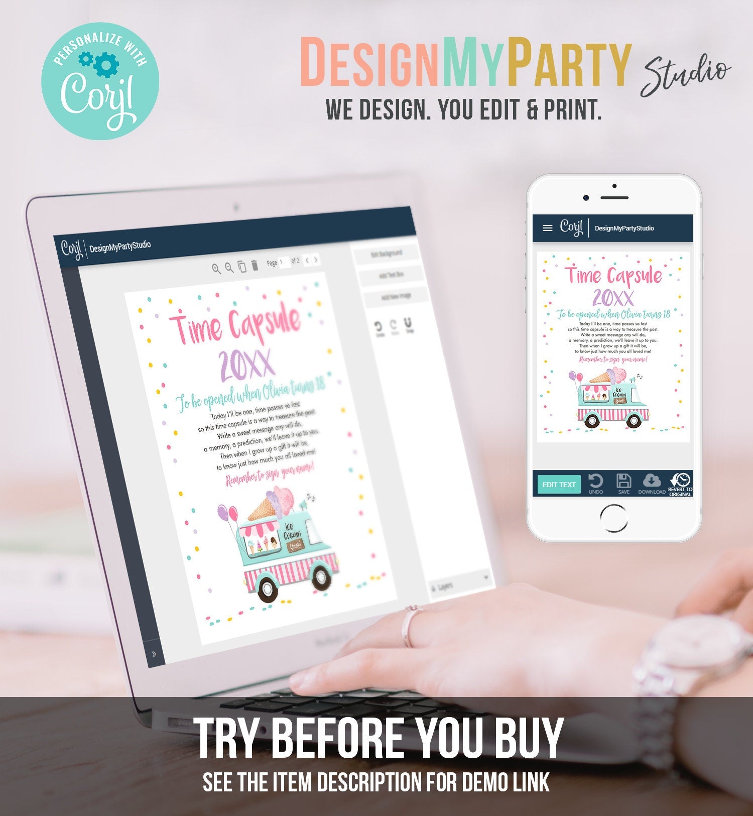 Editable Ice Cream Truck Time Capsule First Birthday Party Ice Cream Birthday Summer Party Decor Scoop Girl Digital Template Printable 0243