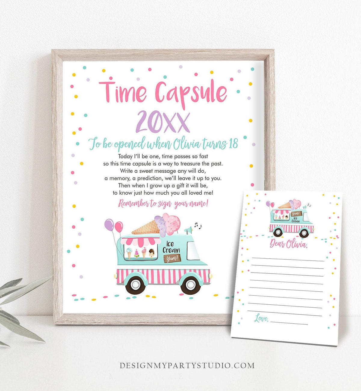 Editable Ice Cream Truck Time Capsule First Birthday Party Ice Cream Birthday Summer Party Decor Scoop Girl Digital Template Printable 0243
